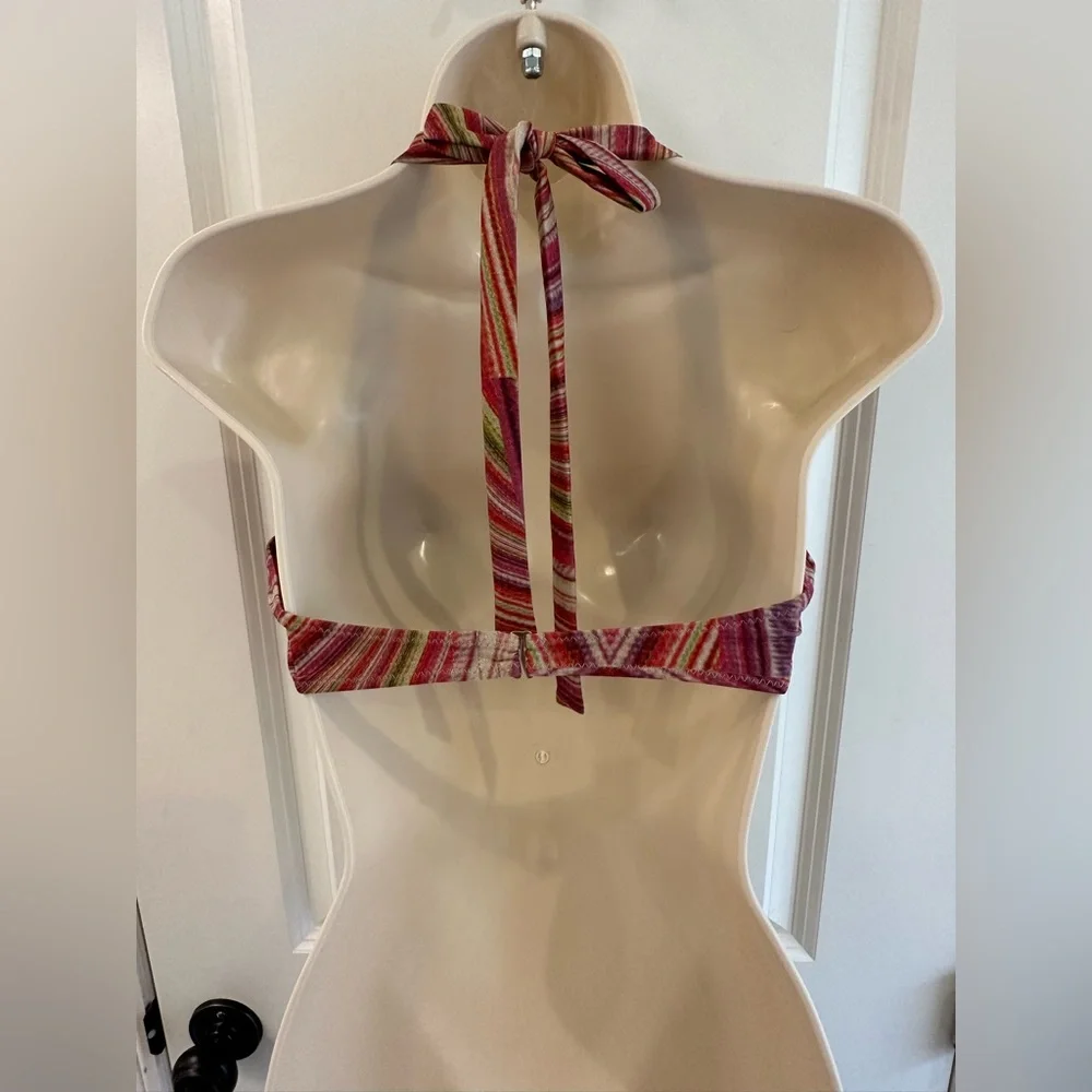 Frankie's Bikinis Multicolor Pink Red Stripe Halter Bikini Top